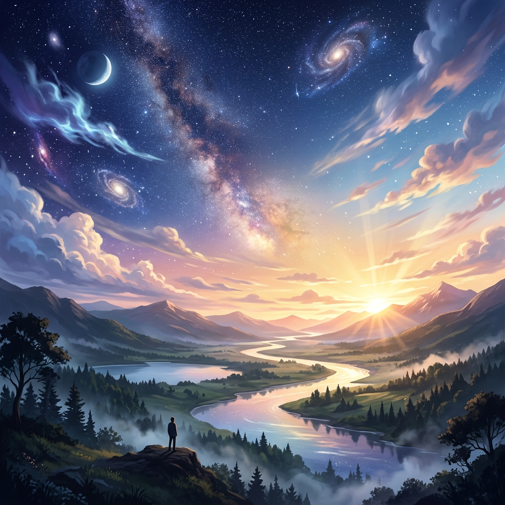 Person standing on a hill overlooking a river valley at sunrise with stars and galaxies visible in the sky