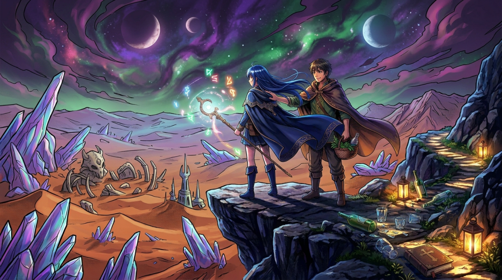 A wizard with a staff overlooking a glowing city at night under a crescent moon and shooting stars